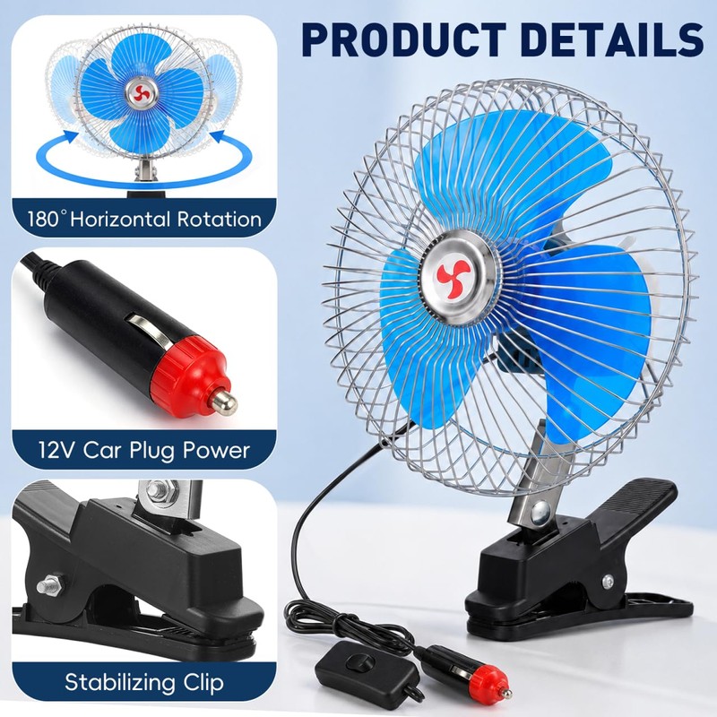 Toyvian 12v Oscillating Car Fan, 8-inch Clip-on Silent Metal Portable