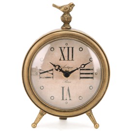NIKKY HOME Vintage Table Clock with Bird, Decorative Desk Metal Table Clocks Rustic Mantel Clock Non-Ticking, Metal Frame with Antique Gold Finish
