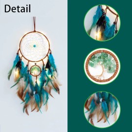WOW DING Blue Quartz Dream Catcher With Led Lights Metal Feather Wall Ornament 80 Char...