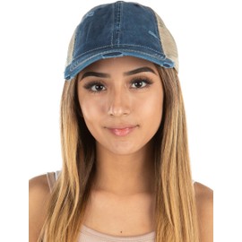 Funky Junque Women's Trucker Baseball Cap Distressed Vintage Washed Adjustable Mesh Dad Hat One Size Navy/Beige