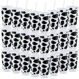 Umigy 24 Pcs Cow Print Plastic Tumbler with Lid and Straw 24oz Reusable Plastic Cups Birthday Party Supplies Gifts for Women, Cow Lovers, Girls, Farm Animal Cow Decorations