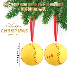 Newwiee 6 Pcs Softball Christmas Ornament Bulk Sports Decorations for Christmas Tree Decorative Hanging Faux Leather Baseball Ornament with Red Ribbon for Women Ladies Gift