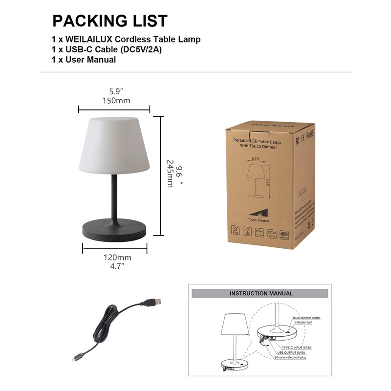 WEILAILUX Outdoor Battery Operated Table Lamp Waterproof, 4000mAh Cordless Table