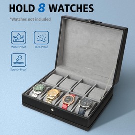 SANZIE 8-Slot Watch Box for Mens Watch Case with Removable Watch Pillows, Watch Holder Organizer Watch Storage with Grey Lining & Black Synthetic Leather (Black)