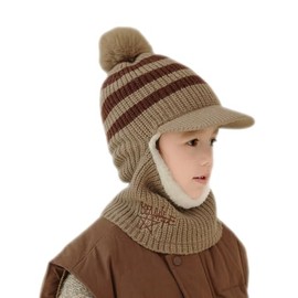 Uniyoung Baby Winter Warm Hat Scarf Toddler Girls Boys Ear Flaps Hood Balaclava Kids Fleece Lining Knit Pompom Beanie Hat with Visor Ski Snow Caps for 1-5 Years (Light Coffee)