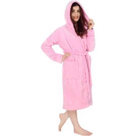 NY Threads Luxury Ladies Hooded Dressing Gown Super Soft Fleece Women's Robe Comfortable Loungewear and Nightwear, Pink, Large