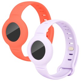 ZMHAZHM 2 Pack Liquid Silicone AirTag Strap 2025 - Wrist & Backpack Dual Use Anti-Loss Band (Orange+Lilac Purple)