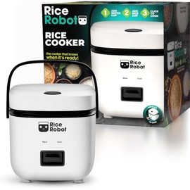 Rice Robot Personal Rice Cooker, PFAS-free, Nonstick. 1 Quart Capacity, with Stainless Steel Steamer Tray, Measuring Cups, Recipe Book with 60 Recipes, and Serving Spoon, As Seen On TV