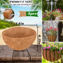 ZeeDix 3Pcs 14 Inch Coconut Liners for Planters, Round Hanging Basket Liners 100% Natural Coco Coir Basket Coco Replacement Liners for Hanging Basket Planters Flowers Vegetables(14in-3pcs)