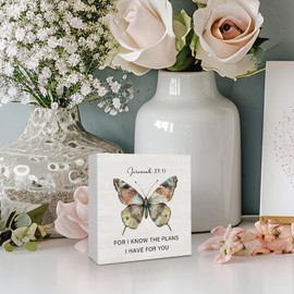 KFXHANGD Jeremiah 29 11 Christian Butterfly Wooden Box Sign Desk Decor, Christian Desk Decor, Inspirational Signs Decor for Office Bathroom, Bible Verse Religious Home Shelf Desk Decor 5x5 Inch