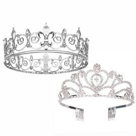 2PCS King and Queen Crown Set Metal Crown for Men and Women Crystal Tiaras for Girls Costume Accessories for Prom Wedding (Silver 3)