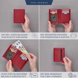 VON HEESEN® Men's Leather Wallet with Coin Compartment and RFID Protection, Genuine Leather Wallet for Men and Women, Wallet, red, With mini coin compartment