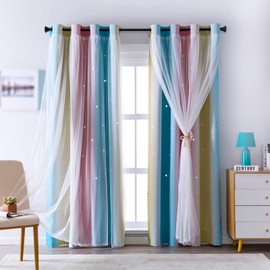indistar Kids Curtains for Girls Bedroom Aesthetic Decor Colorful Double Layer Star Cut Out Stripe Pink Rainbow Window Wall Home Decoration Curtain,1 Panel（Green/Pink W52 x L84 inch）