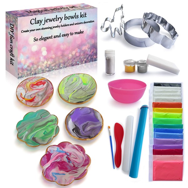 2Pepers DIY Clay Jewelry Dish Craft Kit, Make Your Own 5 Clay Bowls and Unicorn Decoration Arts and Crafts for Girls, Air Dry Clay for Kids, Unicorn Gifts for Girls Including Accessories and Tools.