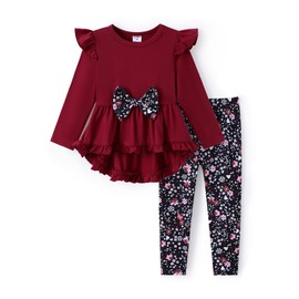 PATPAT 3T Girls Outfits Wine Red Shirts And Floral Pants 3T Girl Clothes Ruffle Long Tunic Tops 2 Piece Outfits High Low Tops With Bowknot Toddler Clothes