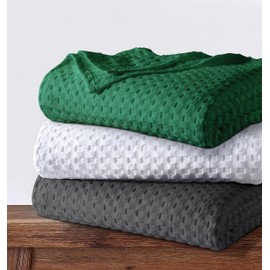 Tribeca Living Chunky Waffle Weave Cotton Blanket Queen Size, Garment Washed Soft Light Weight Breathable Oversized Blanket for All Season, Vienna/Emerald Green