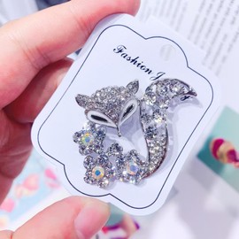 Crystal Rhinestone Fox Brooch Pin, Silver Tone with Aurora Borealis Accents, Elegant Animal Jewelry for Suits and Dresses