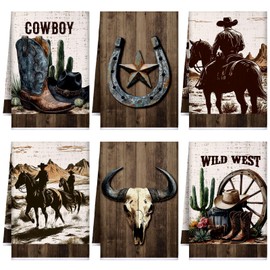 Bencailor 6 Pcs Western Cow Kitchen Towels Decorative Sets Dish Towels Absorbent Fast Drying Hand Tea Vintage Hanging Reusable Cleaning Dishcloths for Cooking Farmhouse Bathroom Accessory