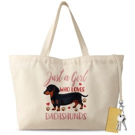 Miss Adola Large Tote Bag for Women - Aesthetic Cute Big Canvas Bags with Zipper Cotton Reusable Shoulder Bag with Hook Graphic for Travel, Work, Shopping, Gym, Dachshunds