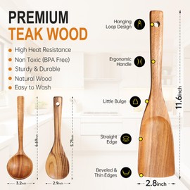 Wooden Spoons for Cooking, Wooden Cooking Utensils Set of 3 including Cooking Spoon, Rice Scooper, Soup Spoon Ladle - Nonstick Cookwares, BPA-Free, Heat Resistant Teak Wood Spoons for Kitchen Use
