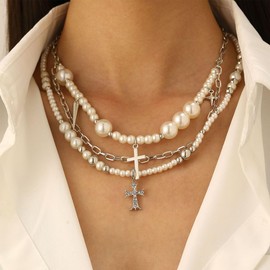 Layered Small Cross Pendant Pearl Necklace Set,Gothic Layering Silver Dainty Crucifix Bead Choker,Cross Bead Chain Stackable Necklaces Y2k Jewelry (White)