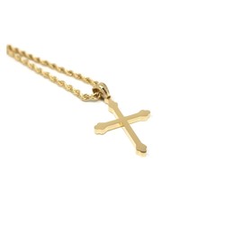 18K Small Gold Cross Necklace Pendant Charm with 3MM Rope Chain Gift for Men Women Husband Wife Baptism Religious w/real strong Solid Clasp Fashion Jewelry (24)