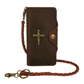 ABC STORY Mens Retro Top Concho Rodeo Long Skull Full Grain Leather Chain Trucker Biker Wallet Brown