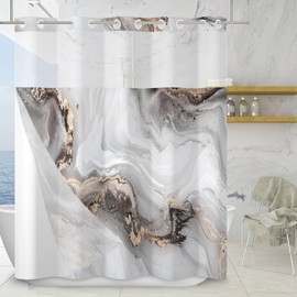 TYLCLTX No Hook Shower Curtain with Snap in Liner Grey Marble Modern Crack Ink Texture Double Layers Shower Curtain Waterproof Fabric See-Through Top Window Bathroom Decorative 71x83inch