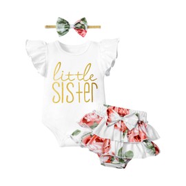 ADIFUN Baby Girl Clothes,3-6 Months Baby Girl Summer Clothes Outfit,Baby Girl Romper Sets Little Sister Ruffle Short Sleeve Top +flower Shorts+ Bow Hairband 3Pcs Set