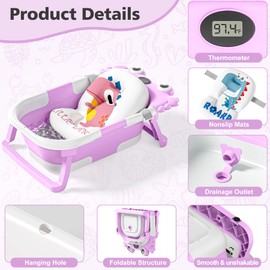 Collapsible Baby Bathtub for Newborns with Thermometer and Soft Floating Cushion Portable and Foldable Travel Baby Bath Tub for Infants to Toddler 0-36 Month (Purple)