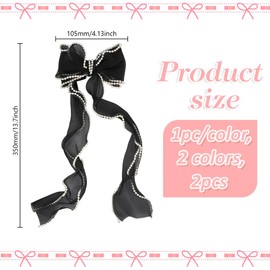 HOBBIESAY 2Pcs Long Tail Bow Hair Accessories with Pearls Polyester Bridal Hair Clips Bowknot Pearl Barrettes Bow Ribbon Hairpins for Wedding Party Festival Black and White 4.1 x 13.8 Inches