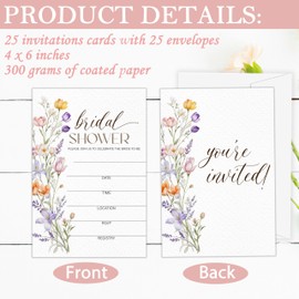 GOLRMC Spring Boho Bridal Shower Invitations, Wildflower Floral Bridal Shower Invites, Set of 25 Wedding Invitations with Envelopes, Bridal Shower Decorations-A03
