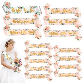 Yueshop 15 PCS Hen Party Floral Sashes Team Bride Sash Satin Hen Do Bachelorette Sashes Bridesmaid/Maid of Honour/Mother of the Bride/Mother of the Groom Golden Letter for Wedding, Hen Do Accessories