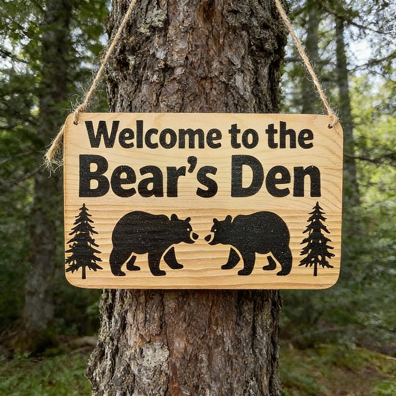 Rustic Wooden Welcome Sign, Bear's Den Cabin Decor with Black