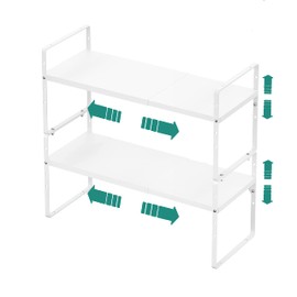 Expandable Cabinet Shelf Organizer Rack, Stackable Kitchen Counter Storage Shelves Stand, Adjustable Height Pantry Shelf Spice Rack, Heavy Duty Nonslip White Large 2Pack