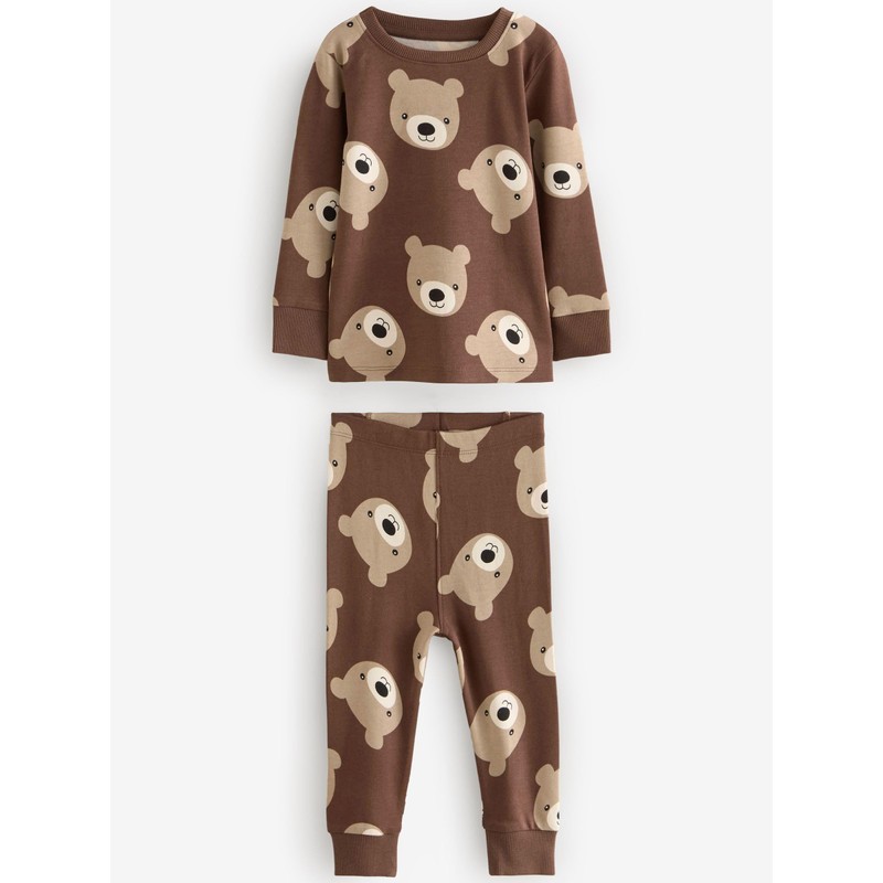 NEXT Snuggle 3 Pack 100% Cotton Pyjamas, Brown/Cream