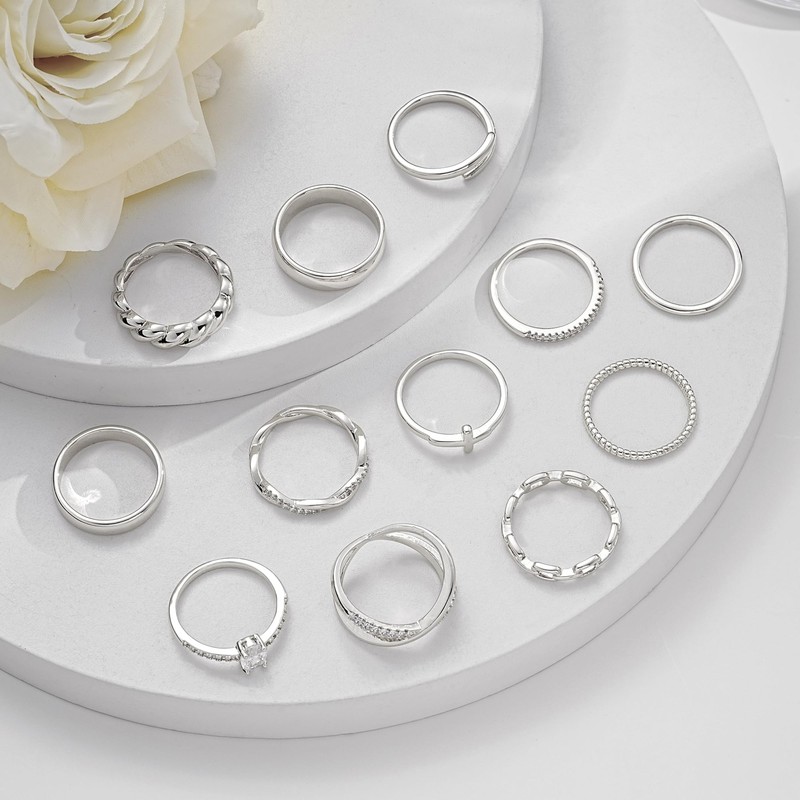 FAXHION 12 PCS Dainty 14K Gold Rings for Women, Eternity