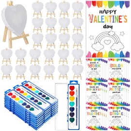 Fullhawl 24 Sets Valentines Gift Mini Painting Set Heart Shape Canvas Wooden Easel, Watercolor Paint and Brush Kit with Valentines Cards for Exchange Gifts Party Favors
