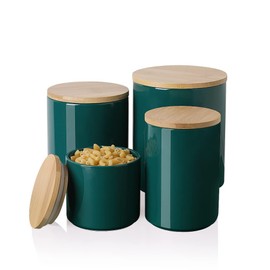 Sweejar Kitchen Canisters Ceramic Food Storage Jar Set, Stackable Containers with Airtight Seal Wooden Lid for Serving Ground Coffee, Tea, Herbs, Grains, Sugar, Salt - Set of 4 (Jade)