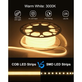 ALITOVE 120V 110V COB Led Strip Light Kit Dimmable Waterproof IP67 3000K 65.6ft Warm White LED Light Strips Outdoor 5760LEDs Super Bright Neon Rope Lights with Remote for Home Commercial Lighting