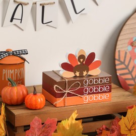 4PCS Thanksgiving Mini Wood Book Stack with Turkey - Fall Thanksgiving Tiered Tray Décor, Wooden Gobble Books Bundle Décor