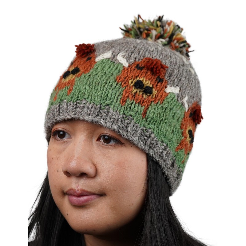 Pachamama Women Wool Bobble Beanie Hat Handknitted Highland Cow Design