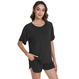 WiWi Pajamas for Women Short Sleeve Top with Shorts Viscose from Bamboo Pajama Set Cooling Sleepwear S-XXL, Black, X-Large