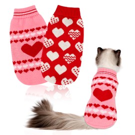 HUMLANJ 2 Packs Valentine's Day Cat Sweater Pullover with Heart Love Pattern, Knitted Valentine's Pet Clothes Turtleneck for Cat Puppy Small Dog, Soft Kitty Sweater Pet Lapel Puppy Valentine Sweater S