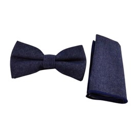 F NODE Men's Bow Tie, Denim Pocket Square with Handkerchief, Solid Color, Casual, Jacket Style, indigo navy