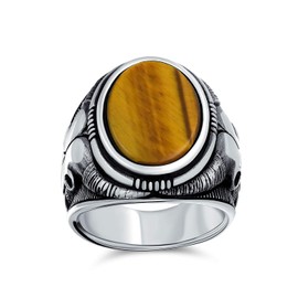 Men's Signet Ring with Brown Tiger's Eye Black Onyx Oval Gemstones in Western Style with Texas Longhorn Buffalo Skull Antelope Goat Head Made of .925 Sterling Silver Made in Turkey, Tiger Eye