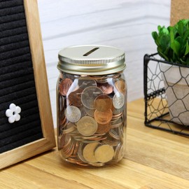Cornucopia Small Coin Bank Jars (4-Pack, Clear); 16oz Clear Plastic Mason Jar Coin Banks w/Gold Slotted Lids