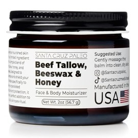 Organic Beef Tallow Face & Body Moisturizer with Beeswax & Honey – Unscented, Non-Comedogenic, Grassfed, Sunscreen-Free, for Sensitive Skin – 2oz