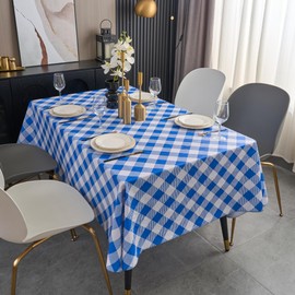 Vinyl Tablecloth with Flannel Backing Rectangle Waterproof Oil-Proof Plastic Table Cloth Stain-Resistant Wipeable Table Cover for Indoor and Outdoor (Blue Checkered, 60 x 120 Inch)