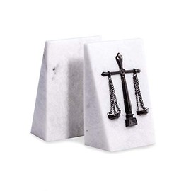 Bey-Berk White Marble Legal Bookends with Antique Silver Plated Scales of Justice Emblem